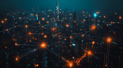 Fototapeta premium Abstract businessman stands on the peak of success Smart digital city with connection cyber security network reciprocity over the cityscape future wireless digital city and social media networking