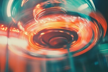 Blurred, swirling lights create a dynamic, abstract representation of a vibrant night carousel in motion, encapsulating energy and excitement.