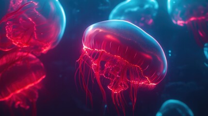 Naklejka premium Neon Jellyfish Underwater Symphony: A mesmerizing dance of bioluminescent jellyfish in vibrant red and blue hues, creating an ethereal underwater spectacle.