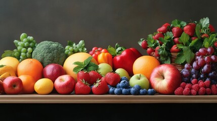 Fresh Colorful Variety of Fruits and Vegetables Displayed on a Wooden Table Against a Dark Background