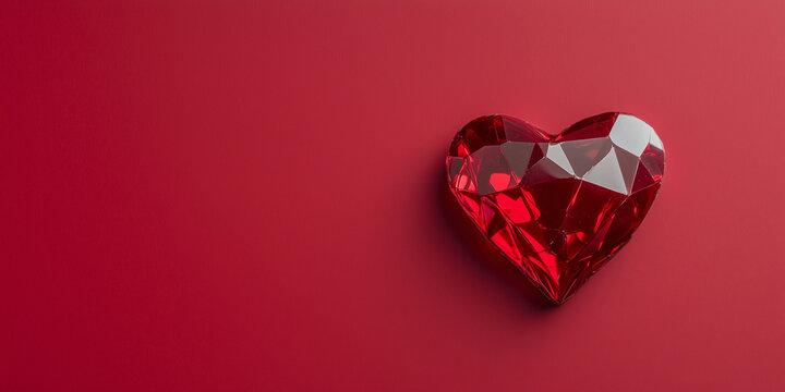 Shiny red crystal ruby heart on red background. Valentine Day romantic holiday decoration red gem diamond geometric polygonal shape focus photo