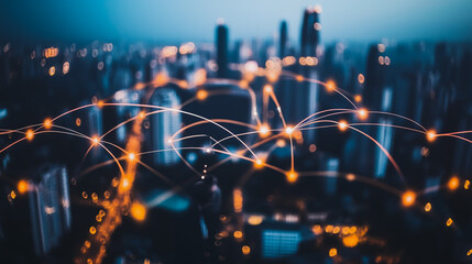 Fototapeta premium Abstract businessman stands on the peak of success Smart digital city with connection cyber security network reciprocity over the cityscape future wireless digital city and social media networking