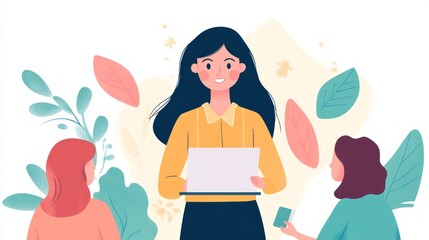 A woman presenting with a laptop, engaged with two listeners.