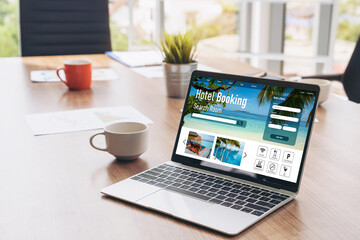 Online hotel accommodation booking website provide modish reservation system . Travel technology concept .