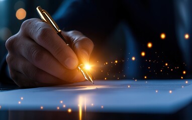 A close-up of a hand holding a pen, writing on a surface, with a soft glow and sparkles, symbolizing creativity and inspiration.