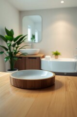 Fototapeta premium Modern Minimalist Bathroom with Wooden Bowl and Green Plants