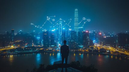 Abstract businessman stands on the peak of success Smart digital city with connection cyber security network reciprocity over the cityscape future wireless digital city and social media networking