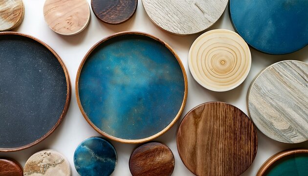 A collection of circular wooden and resin trays in various colors and textures.