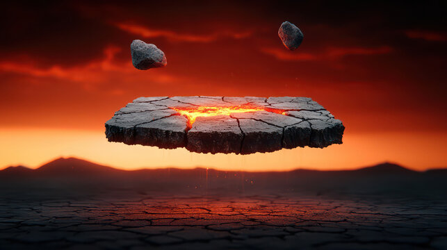 surreal cracked desert landscape with floating rocks and glowing lava