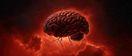 Fototapeta premium Surreal floating brain with intricate details and fiery background