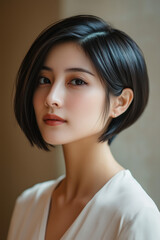 Naklejka premium Portrait of an Asian woman with short black hair.