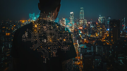 Abstract businessman stands on the peak of success Smart digital city with connection cyber security network reciprocity over the cityscape future wireless digital city and social media networking