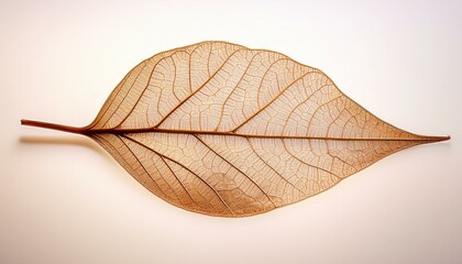 Delicate skeleton of a dried leaf, showcasing intricate veins and warm tones.