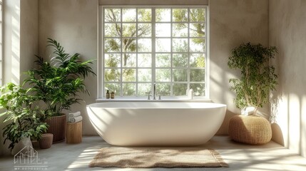 Fototapeta premium Sunlit bathroom, freestanding tub, plants, natural decor.