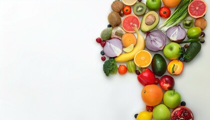 Vibrant fruits & veggies arranged in a creative composition. Healthy eating concept.