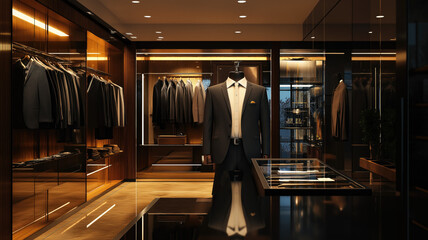 Business men's suit store indoor. AI technology generated image