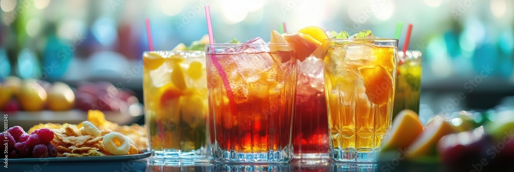 Aufkleber Brightly colored cocktails are set on a table with enticing snacks and fruit slices, creating a cheerful summer atmosphere. Generative AI