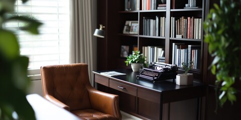An inviting reading space with a leather chair, typewriter, plants, and shelves filled with numerous books.