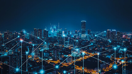 Naklejka premium Smart digital city with connection cyber security network reciprocity over the cityscape . future smart wireless digital city and social media networking systems that connects people within the city