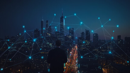 Abstract businessman stands on the peak of success Smart digital city with connection cyber security network reciprocity over the cityscape future wireless digital city and social media networking