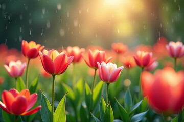 soft sunlight showers vibrant flower field revealing serene beauty new life amidst gentle