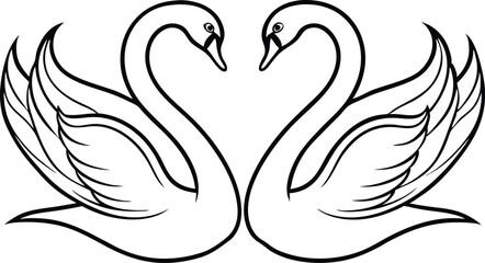 Couple swans line art style vector illustration. Couple of romantic birds for wedding invitation design