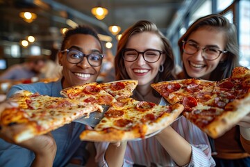 Business Professionals Celebrating Success with Pizza Lunch in Office