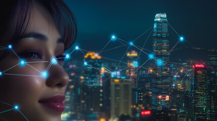 Fototapeta premium Smart digital city with connection cyber security network reciprocity over the cityscape . future smart wireless digital city and social media networking systems that connects people within the city