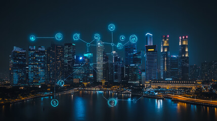 Fototapeta premium Smart digital city with connection cyber security network reciprocity over the cityscape . future smart wireless digital city and social media networking systems that connects people within the city