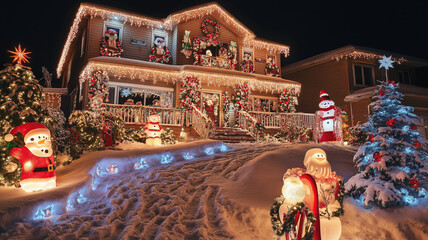 Naklejka premium Christmas-decorated house in suburban USA in snow