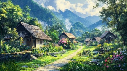 Fototapeta premium Village vector illustration with green elements