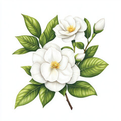 Beautiful white flowers with green leaves, showcasing nature elegance and tranquility