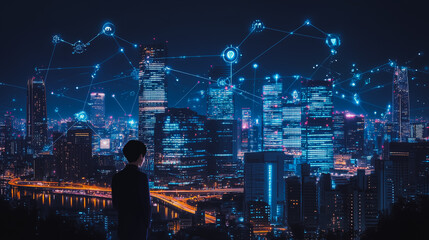 Abstract businessman stands on the peak of success Smart digital city with connection cyber security network reciprocity over the cityscape future wireless digital city and social media networking