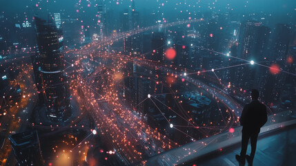 Fototapeta premium Abstract businessman stands on the peak of success Smart digital city with connection cyber security network reciprocity over the cityscape future wireless digital city and social media networking