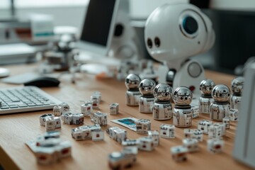Desk cluttered with small robotic units and a larger robot, hinting at technological creativity and innovation in a modern workspace.