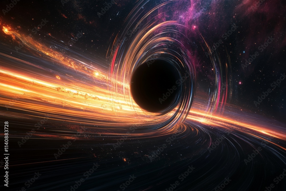 Poster a mesmerizing vortex of light spiraling into a black hole represents a journey through the unknown, 