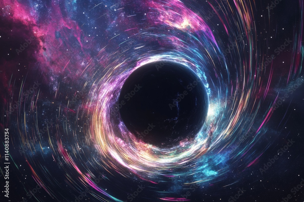 Poster A mesmerizing visual of a swirling black hole set against a vibrant cosmic background filled with colorful light trails and abstract designs representing the universe's mysteries.