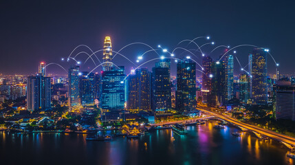 Fototapeta premium Smart digital city with connection cyber security network reciprocity over the cityscape . future smart wireless digital city and social media networking systems that connects people within the city