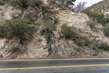 Metamorphic rocks / GNEISSIC ROCKS (gn) with dikes.  Angeles Crest Scenic Byway, Los Angeles County, California. San Gabriel Mountains. angeles national forest, dike