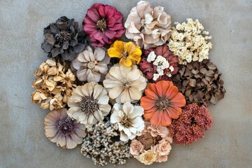 A vibrant assortment of various dried flowers arranged aesthetically, showcasing a rich color palette that captures the beauty of nature in an artistic display.