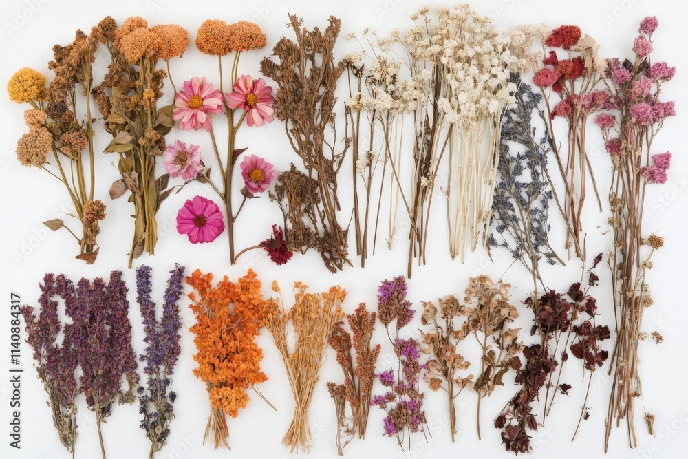 Poster this image presents an enchanting array of dried flowers in various hues, beautifully arranged, show