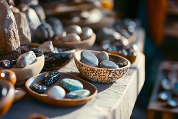 Artisanal stone bowls filled with polished rocks, displayed beautifully in natural light, each piece unique and handcrafted.