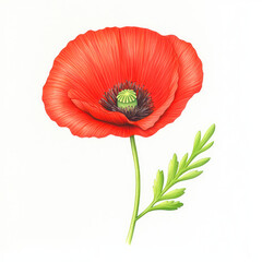 vibrant red poppy flower with delicate petals and green leaves, symbolizing beauty and nature elegance