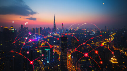 Obraz premium Smart digital city with connection cyber security network reciprocity over the cityscape . future smart wireless digital city and social media networking systems that connects people within the city