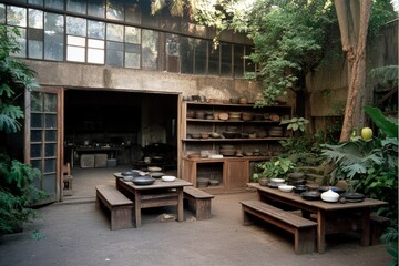 Fototapeta premium A quaint, open-air pottery studio with rustic wooden tables and shelves displays earthenware in a lush, sun-dappled garden, blending creativity and tranquility.
