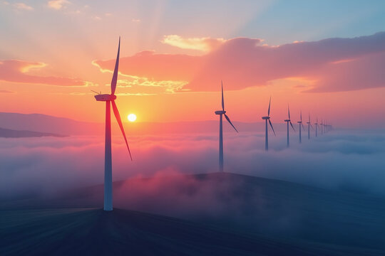 turbines stand sunset fog generating sustainable energy highlighting renewable power methods