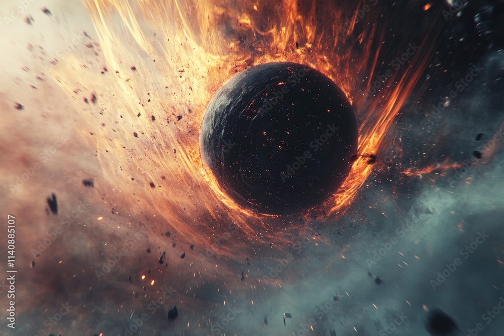 Poster This breathtaking image features a vibrant galactic burst with fiery elements surrounding a dark orb, symbolizing the raw power and vastness of cosmic phenomena.