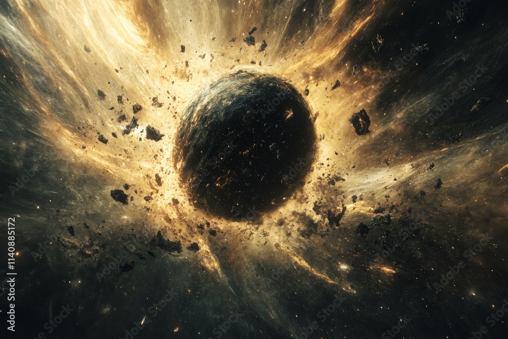 Poster A mesmerizing cosmic scene showcasing a swirling orb engulfed in a dynamic explosion of material and energy, encapsulating the beauty and chaos of the universe.