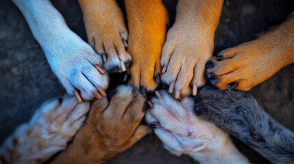 Diverse dog paws unite in a circle showcasing companionship and unity