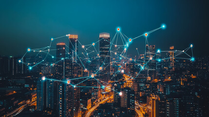 Obraz premium Smart digital city with connection cyber security network reciprocity over the cityscape . future smart wireless digital city and social media networking systems that connects people within the city